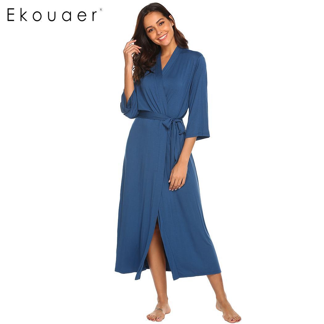 Ekouaer Long Robe Dressing Gown V Neck Long Sleeve Robe Sleepwear Nightgown Bathrobes Women Solid Casual Comfortable Loose Robes 210203