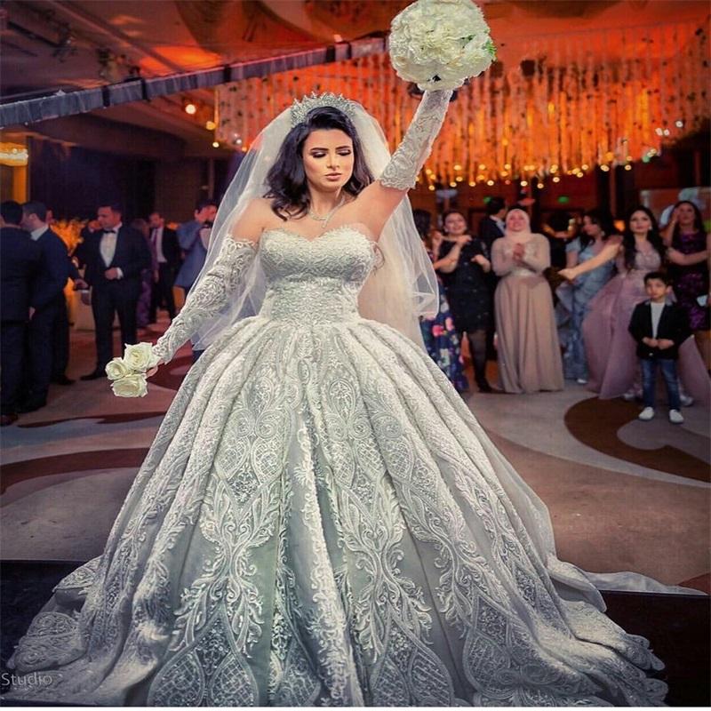 Real Image Muslim Ball Gown Wedding Dresses With Detachable Sleeves Luxury Lace Appliqued Plus Size Bridal Gowns Backless Vestidos De Novia