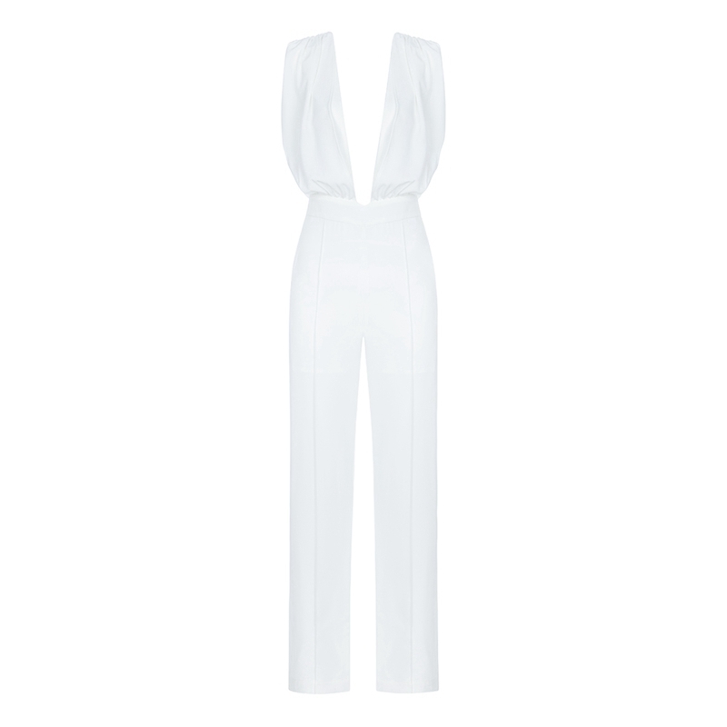 INDRESSME Vestidos New Women Fashion Sexy White Deep V Neck Jumpsuit Sleeveless Elegant Lady Party Club Straight Long Pants T200509
