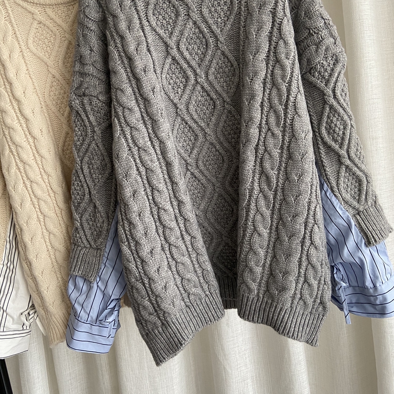 Autumn winter New design womens o-neck coarse wool knitted loose palazzo pullover jumper shirt patched faux 2 pcs sweater tops