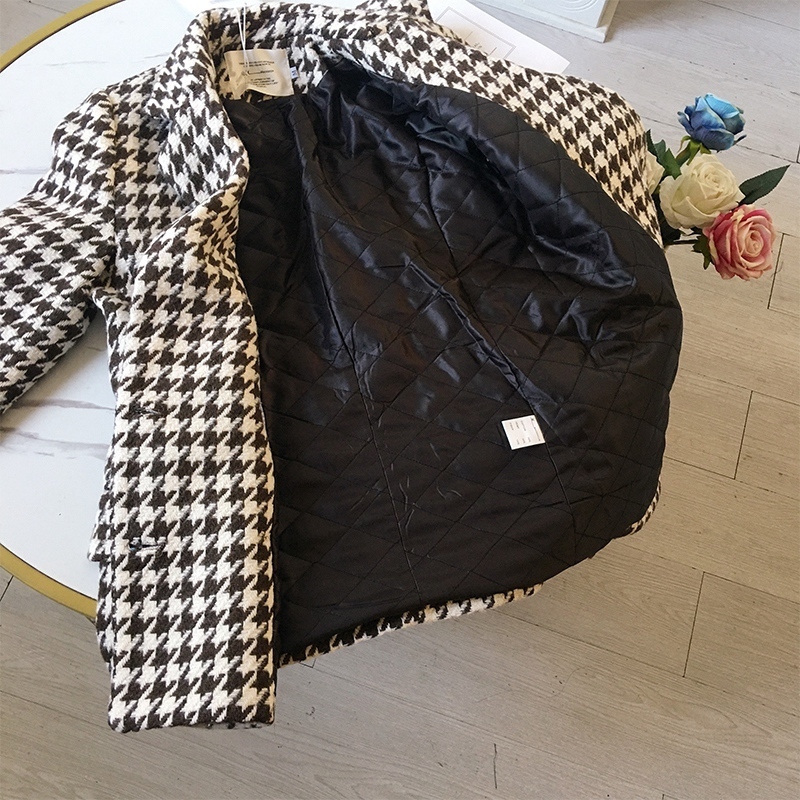 Winter women jacket new Korean version with waist bag houndstooth woolen coat suit thick and loose office ladies casual overcoat 201126