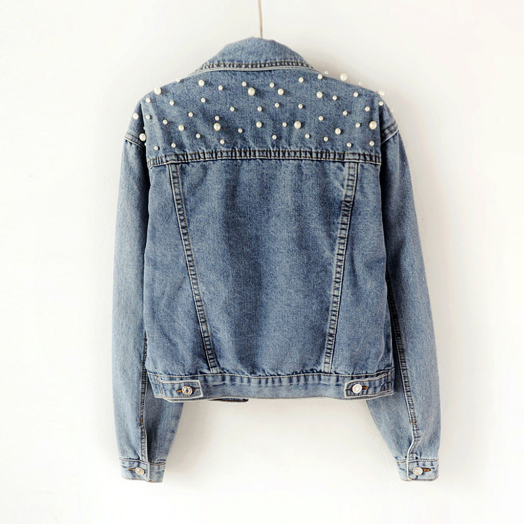 Vintage Women Jean Jackets With Pearls Beading autumn Long Sleeve Pockets Denim Jackets Women Loose Outwear Female Coat 201028
