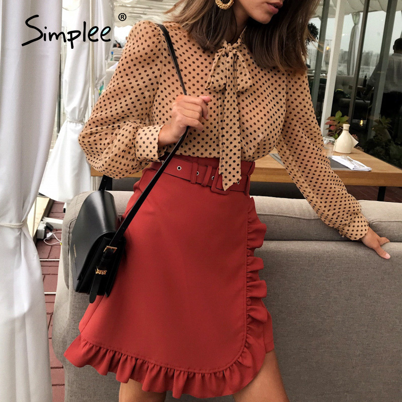 Simplee Vintage polka dot long sleeve women blouse shirt Casul spring neck tie blouse Elegant work wear loose female office top 201130