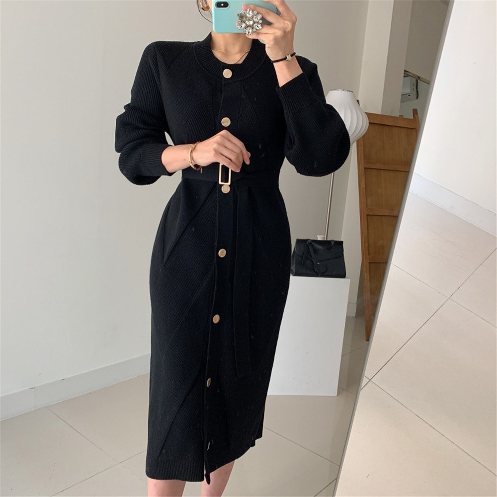 Winter Elegant O-Neck Single-Breasted Women Solid Sweater Long Sleeve Belted Knitted Mid-Length Dress Female 201126