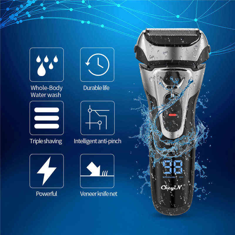 Waterproof Shaver Razor 3D Triple Floating Blade Beard Trimmer USB Rechargeable Shaving Machine Barbeador LED Display 220112