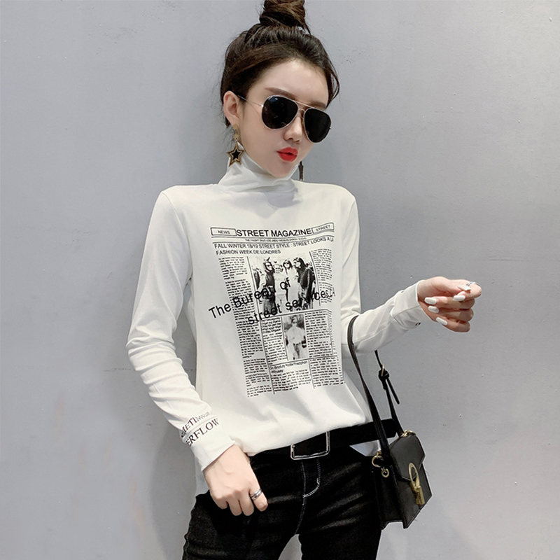 New Autumn Winter Women Letter Print T-shirt Casual Long Sleeve Newspaper Graphic Bottoming Female Warm Fleece Tops T07839B 201028