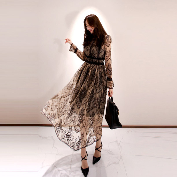 spring Elegant Sexy Dress for Women Vintage Lace Long Sleeve ONeck Robe Femme OL Casual slim Woman Party Long Dresses T200416
