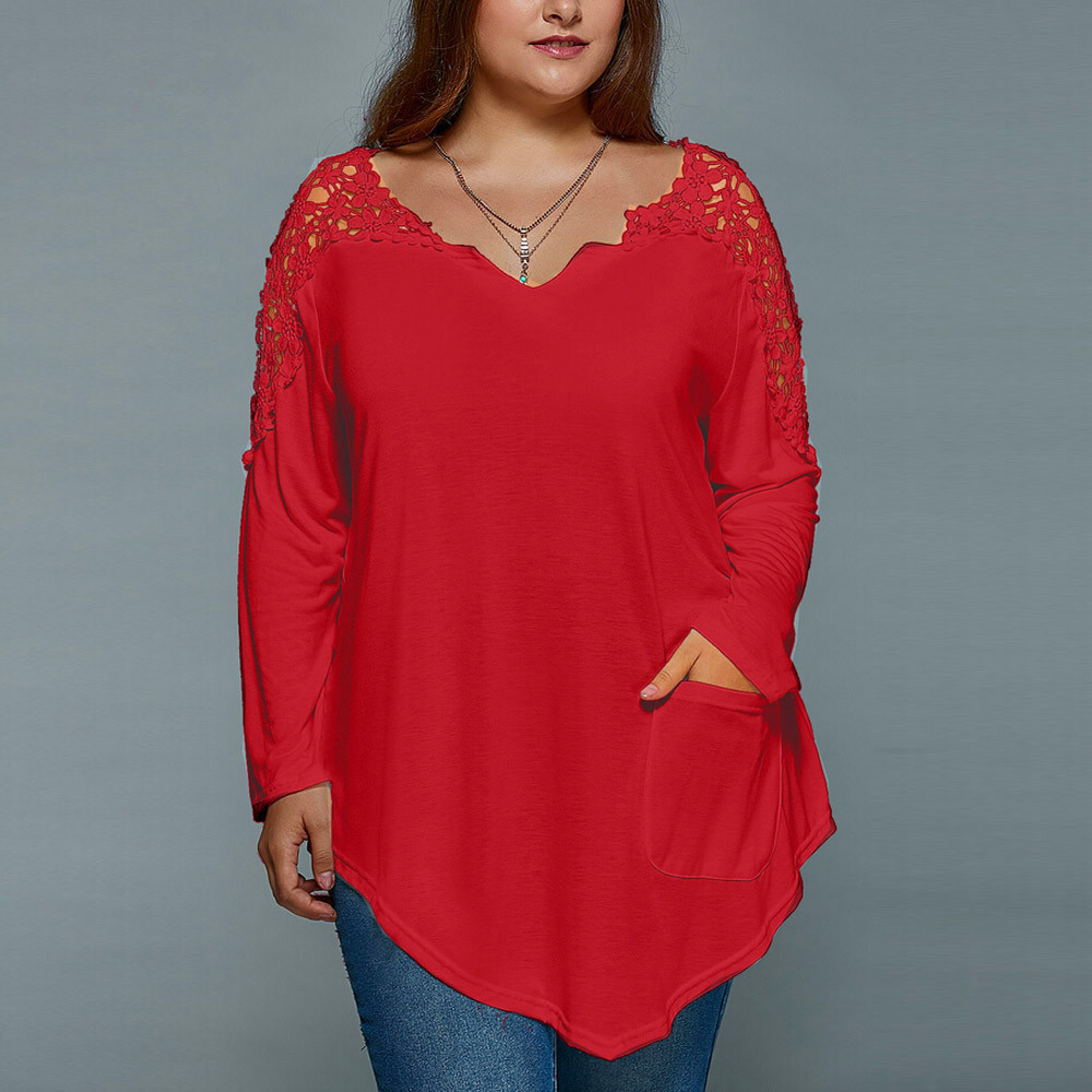 Plus Size Fashion Summer Lady Lace Women Girls Long Sleeve T-shirt Casual Top V-Neck Solid Lace Large Size Woman Clothes 6XL 7XL 201028