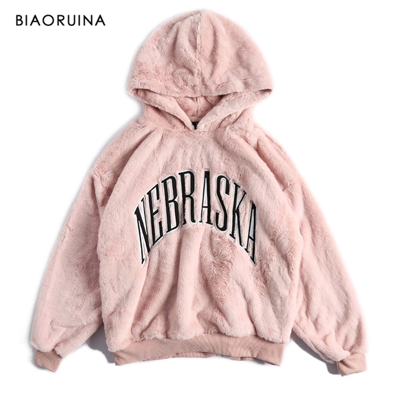 BIAORUINA Women's Nebraska Letter Embroidery Warm Thick Pink Fluffy Hoodies Female Sweet Casual Oversized Hooded Sweatshirt 201217
