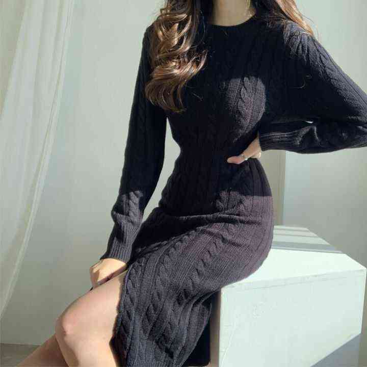 Winter Women'S Dress Bodycon Sweater Women Dress Long Sleeve Knitted Dresses Maxi Vintage Oversize Dresses Evening Fall 211221