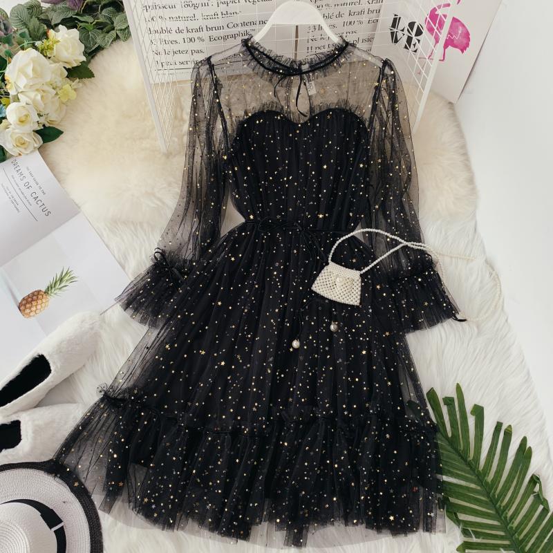 Casual Dresses 2022 Spring Women Star Sequins Gauze Flare Sleeve High Waistline Princess Dress Female Elegant O-neck Mesh PZ1160, Black;gray
Casual Dresses 2022 Spring Women Star Sequins Gauze Flare Sleeve High Waistline Princess Dress Female Elegant O-neck Mesh PZ1160, Black;gray