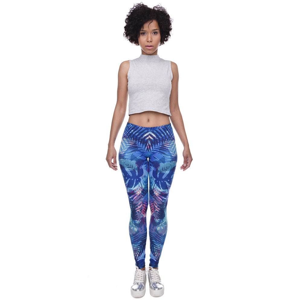 Fashion Women Leggings Tropical Leaves Printing Blue Fitness Legging Sexy Silm Legins High Waist Stretch Trouser Pants 201202