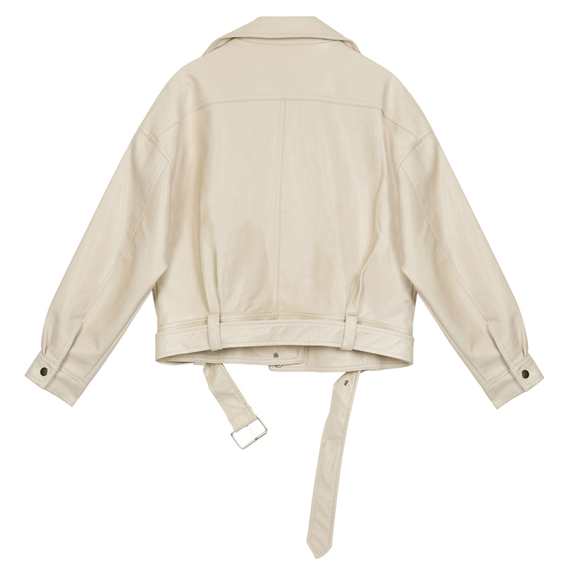New Spring Autumn Lapel Long Sleeve Apricot Pu Leather Loose Big Size Short Jacket Women Coat Fashion JX445 T200831