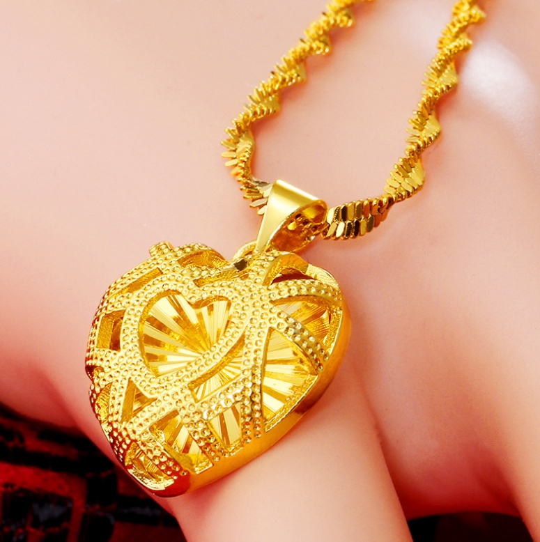 Classical Women Jewelry Real 18 K Gold&heart Design Pendant Necklace 16-30 Inch Water Wave Chain