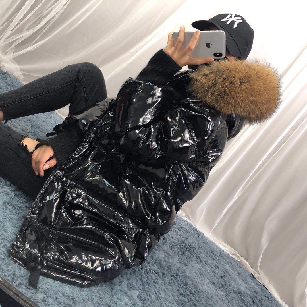 Fitaylor Real Natural Fur Patent Leather Winter Jacket Women Thicken Long Down Parka Hooded Female Duck Down Waterproof Coat 201214