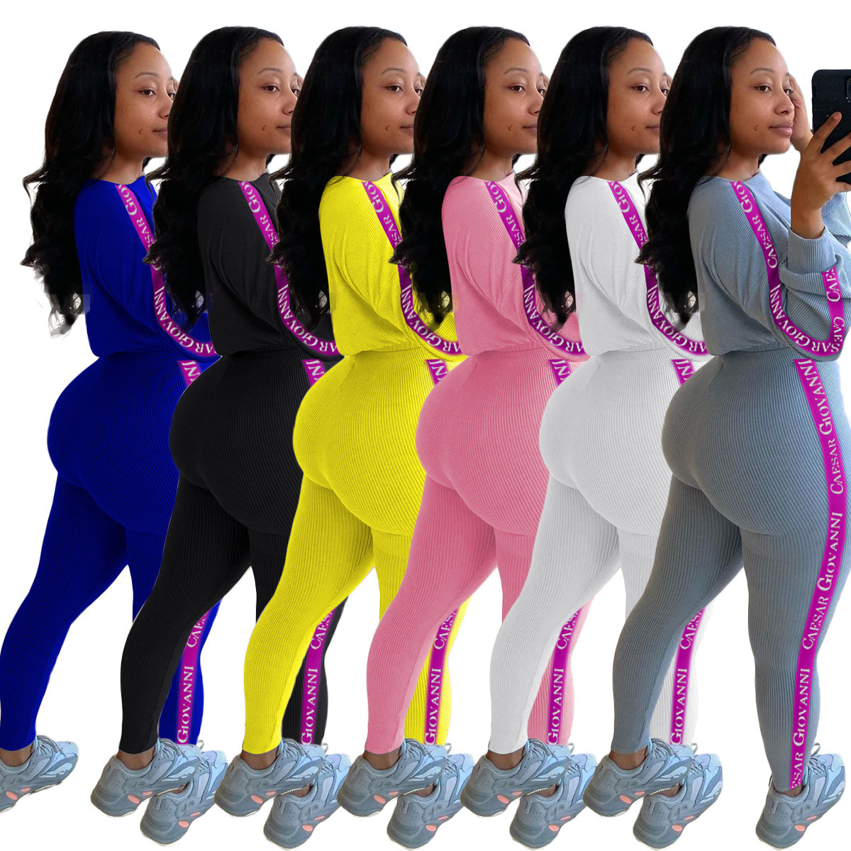 Women Clothes Tracksuits Two Pieces Set Letters Printed High Waist Long Sleeve Top Trousers With Webbing On The Sides Casual Suits Sportwear