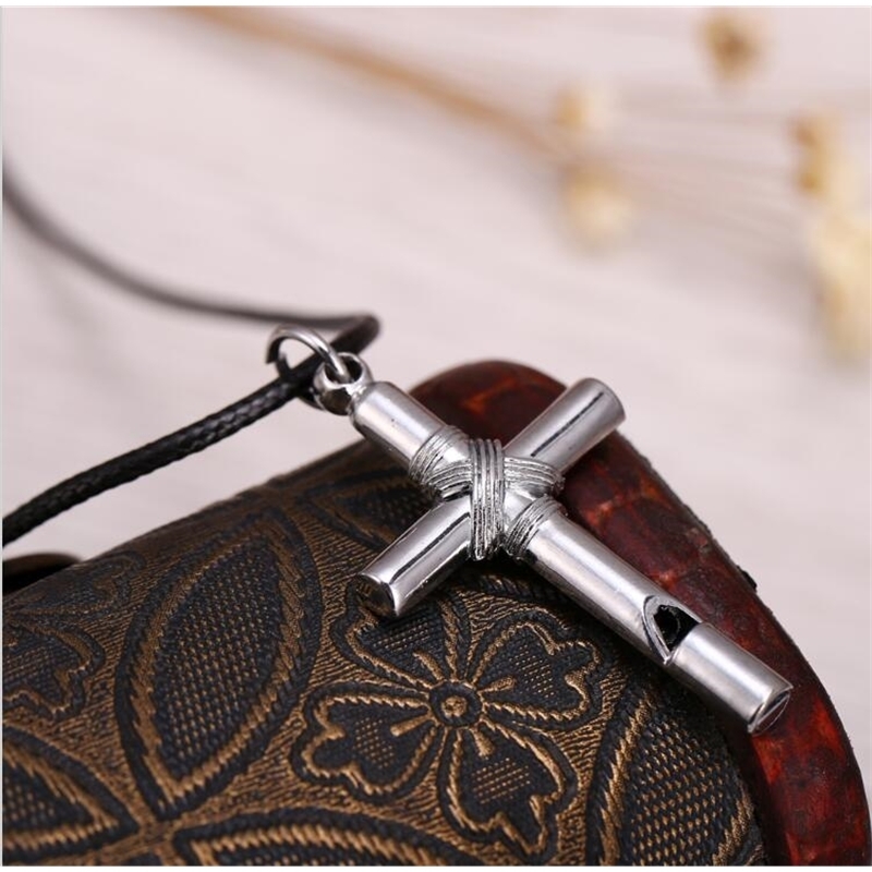 10pcs Men Women Whistle Steel Cross Pendant Necklace with Leather Rope fashion jewelry necklace 201014