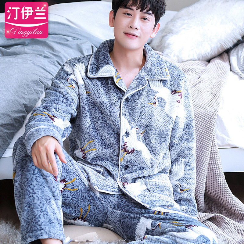 H5898 Sleepwear Young Men Pajamas Set Thick Flannel Cute Homewear Male Coral Velvet Large Size Long Sleeve Winter Warm Nightwear 201109