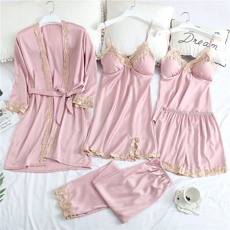 Sexy Women's Robe Gown Sets Autumn Winter 4 5 Piece Pajamas Sets Sleepwear Womens Sleep Set Faux Silk Robe Femme Lingerie 201113