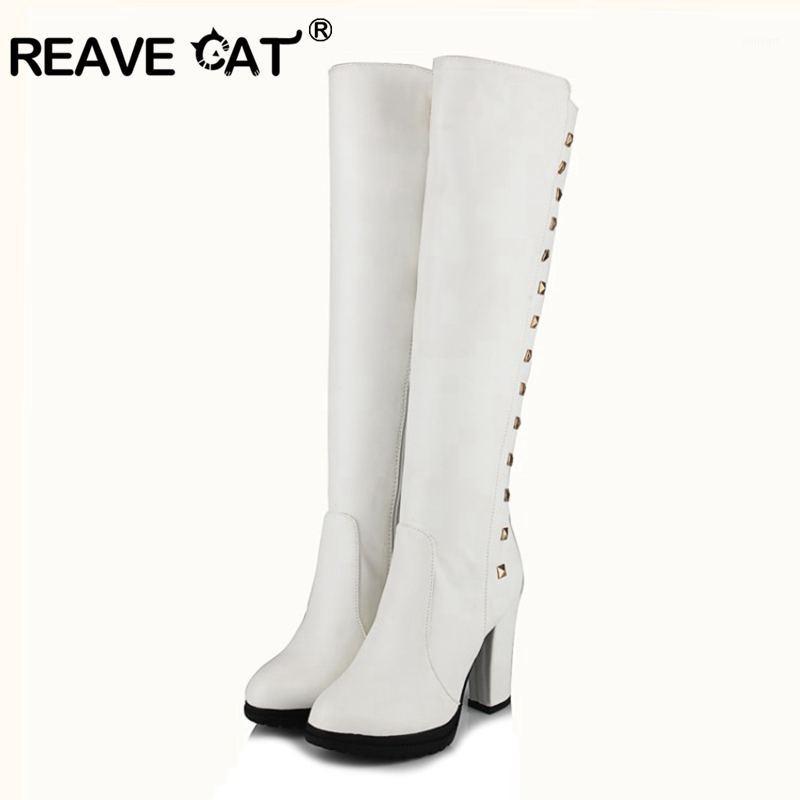 REAVE CAT winter Leather shoes Woman Knee high boots Zipper Round toe 10cm block high heels Rivets studded white Botas mujer1
REAVE CAT winter Leather shoes Woman Knee high boots Zipper Round toe 10cm block high heels Rivets studded white Botas mujer1