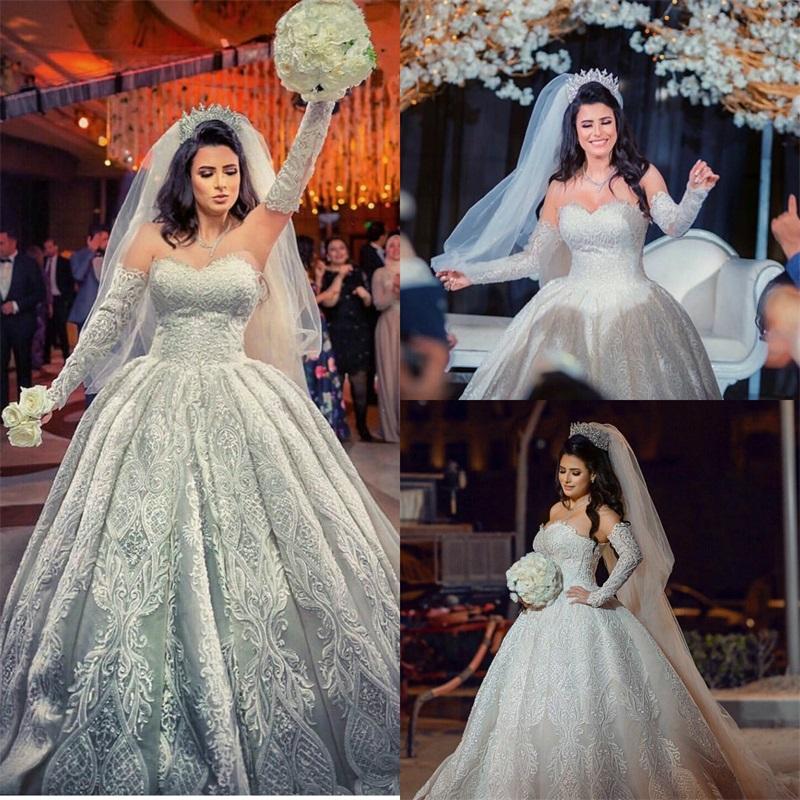 Real Image Muslim Ball Gown Wedding Dresses With Detachable Sleeves Luxury Lace Appliqued Plus Size Bridal Gowns Backless Vestidos De Novia