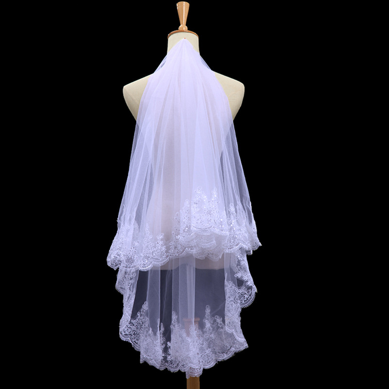 Simple White Ivory Wedding Veils One Layer Sequins Lace Appliques Short Wedding Prom Bridal Shawl Wraps Accessories with Comb