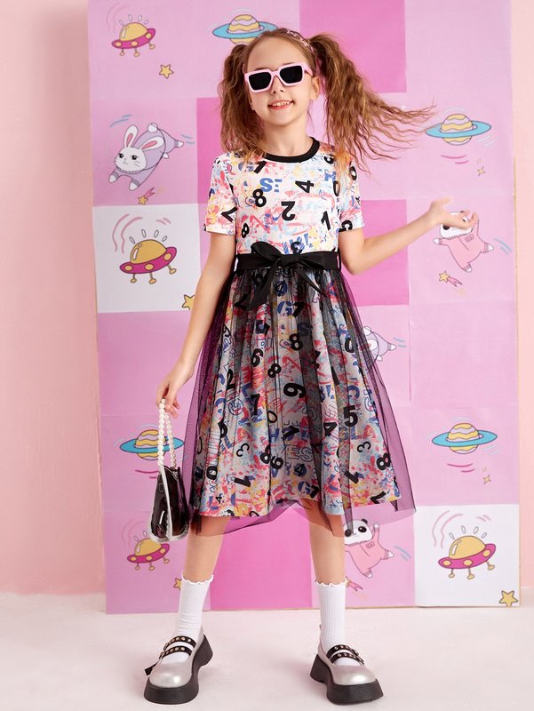 Girls Number Print Contrast Mesh Dress SHE
