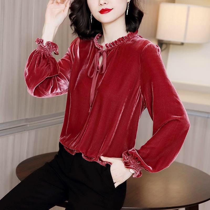 Women's Blouses & Shirts Spring Fall Korean Women 4xl 5xl Ruffled Collar Lanter Sleeve Purple Wine Red Green Black Velour Blouse , Velvet To
Women's Blouses & Shirts Spring Fall Korean Women 4xl 5xl Ruffled Collar Lanter Sleeve Purple Wine Red Green Black Velour Blouse , Velvet To