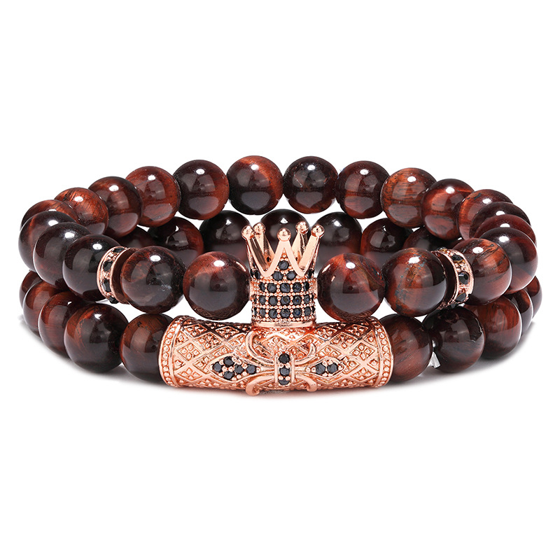Cool Men Style 8MM Red Tiger Eye Beads Strands Micro Pave Crown Charm Bracelet for Gift 2pcs/set