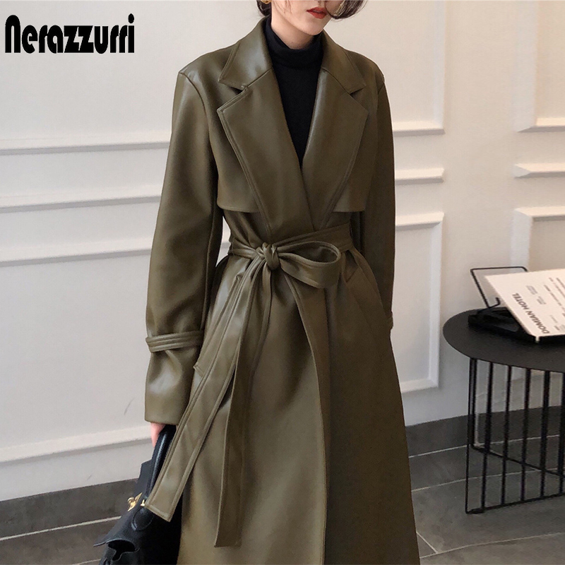 Nerazzurri Autumn long oversized leather trench coat for women long sleeve sashes Loose faux leather coats women fashion 201226