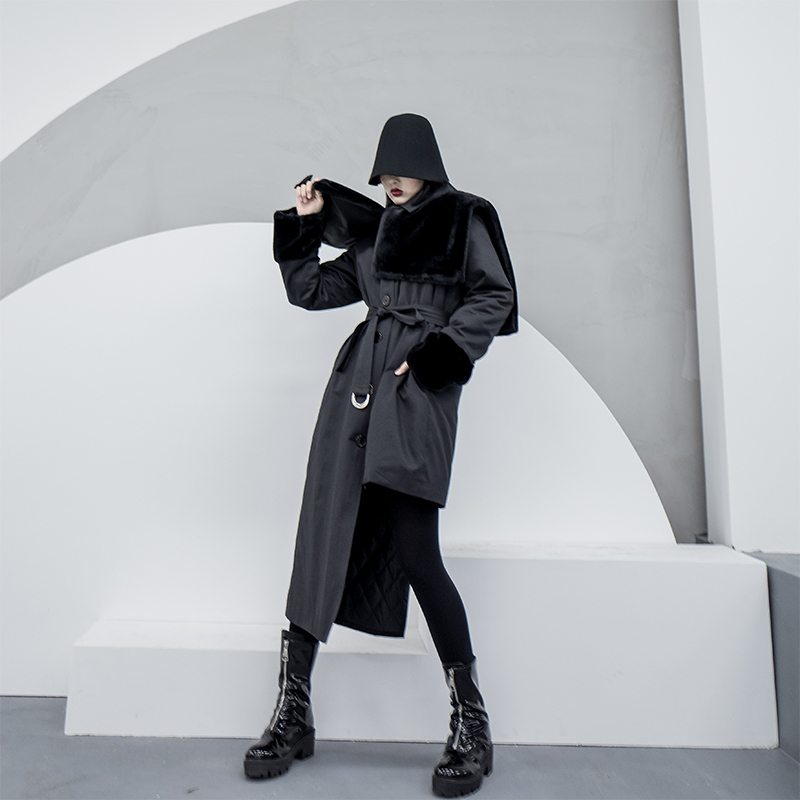 GetSpring Women Parka Winter Outwear Jacket Coat Thickened Plush Winter Jacket Irregular Lace Up Loose Long Overcoat Black 201019