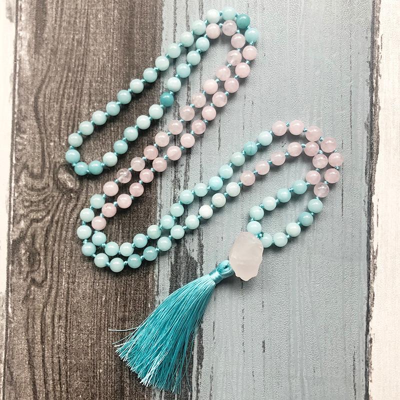 Raw Stone Pendant Mala Necklaces Rose Q-uartz & Amazonite Knotted Necklace 108 Mala Beads Tassel Necklace Womens Gift For Her
Raw Stone Pendant Mala Necklaces Rose Q-uartz & Amazonite Knotted Necklace 108 Mala Beads Tassel Necklace Womens Gift For Her
