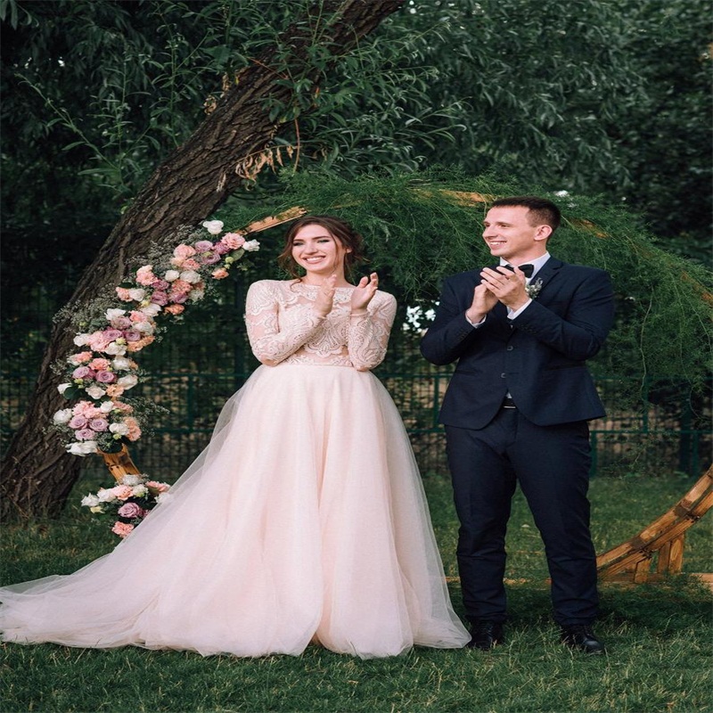Gorgeous Beach Wedding Dresses A Line Jewel Long Sleeves Cheap Custom Made Lace Applique Ruched Tulle Bohemian Bridal Gowns Robe De Mariée