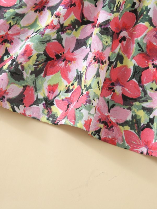 Toddler Girls Floral Print Ruffle Cuff Square Neck Dress SHE
