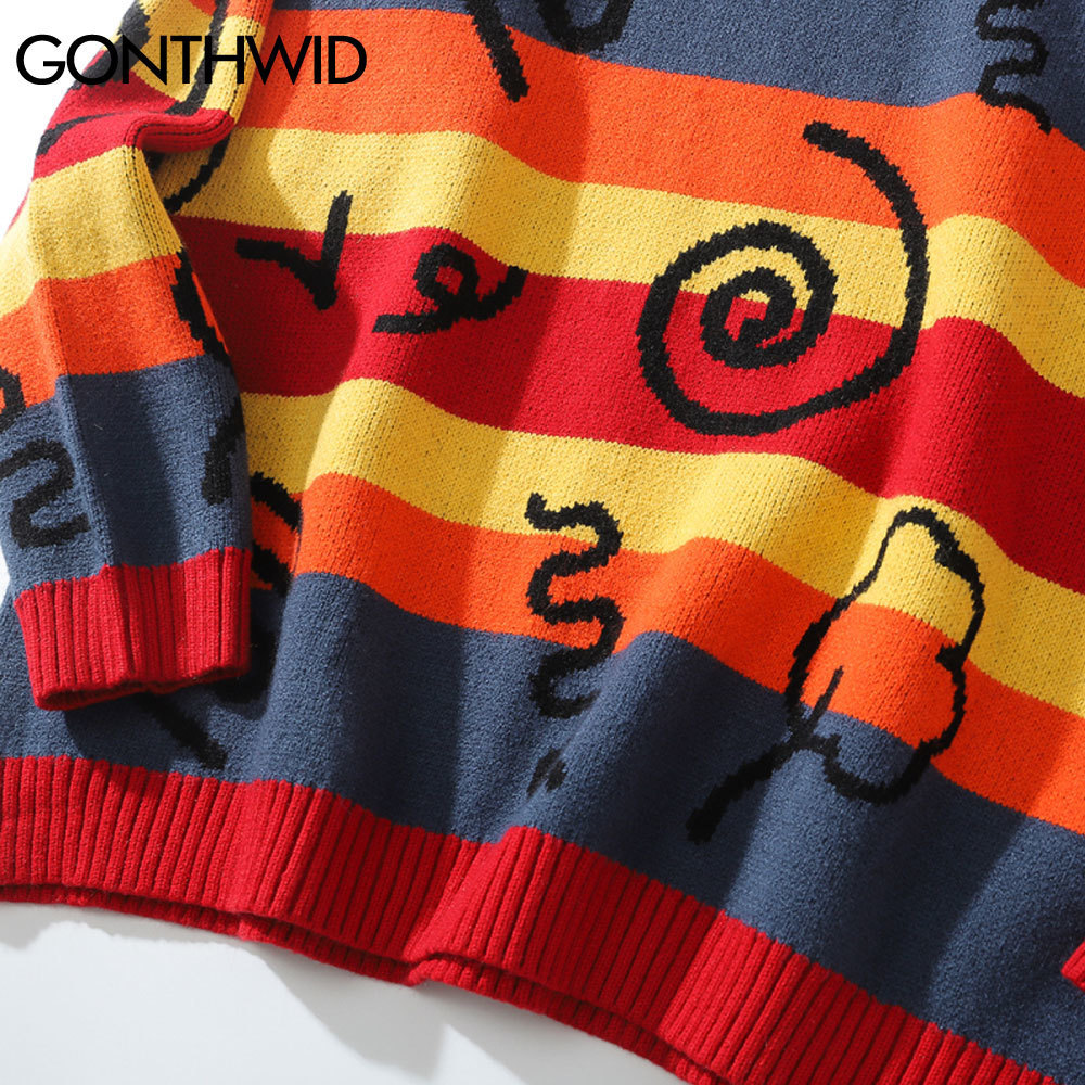 GONTHWID Color Block Rainbow Stripe Knitted Jumper Sweaters Streetwear Men Hip Hop Harajuku Casual Pullover Knitwear Tops 201022