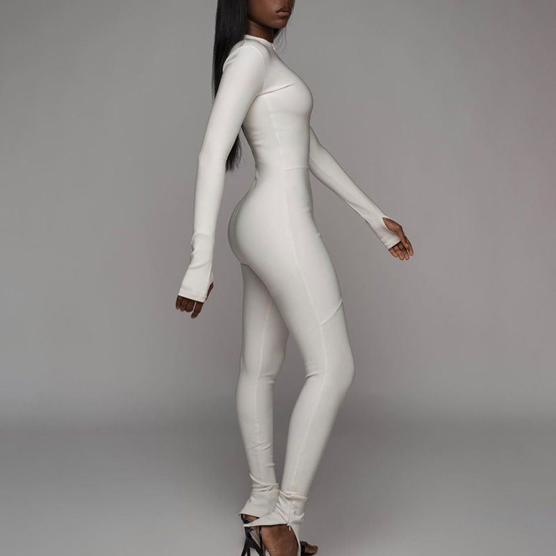 Woman Black white Sexy Bodycon Jumpsuit Female 2020 Tracksuit New Fitness Romper Long Sleeve Zipper Elastic Bodysuit Body Mujer T200303