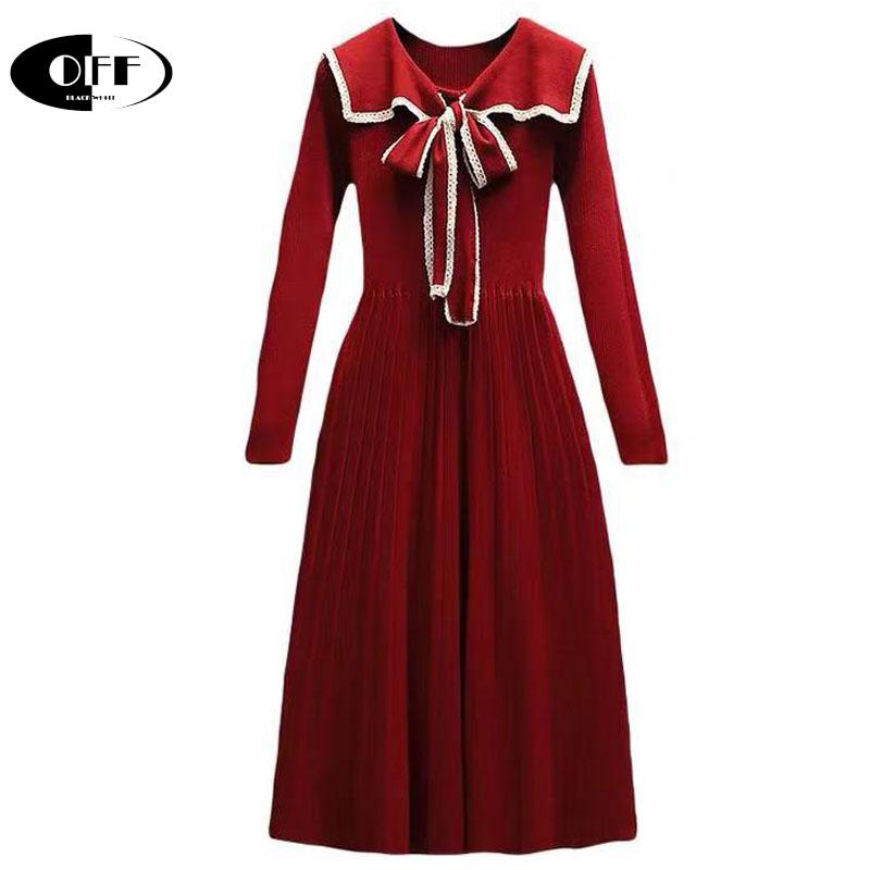 Elegant Sweet Knitted Midi Dresses For Women Long Sleeve Bow Collar Slim Red Black Knit Casual Pleated Lady Dress Female Vestido
Elegant Sweet Knitted Midi Dresses For Women Long Sleeve Bow Collar Slim Red Black Knit Casual Pleated Lady Dress Female Vestido