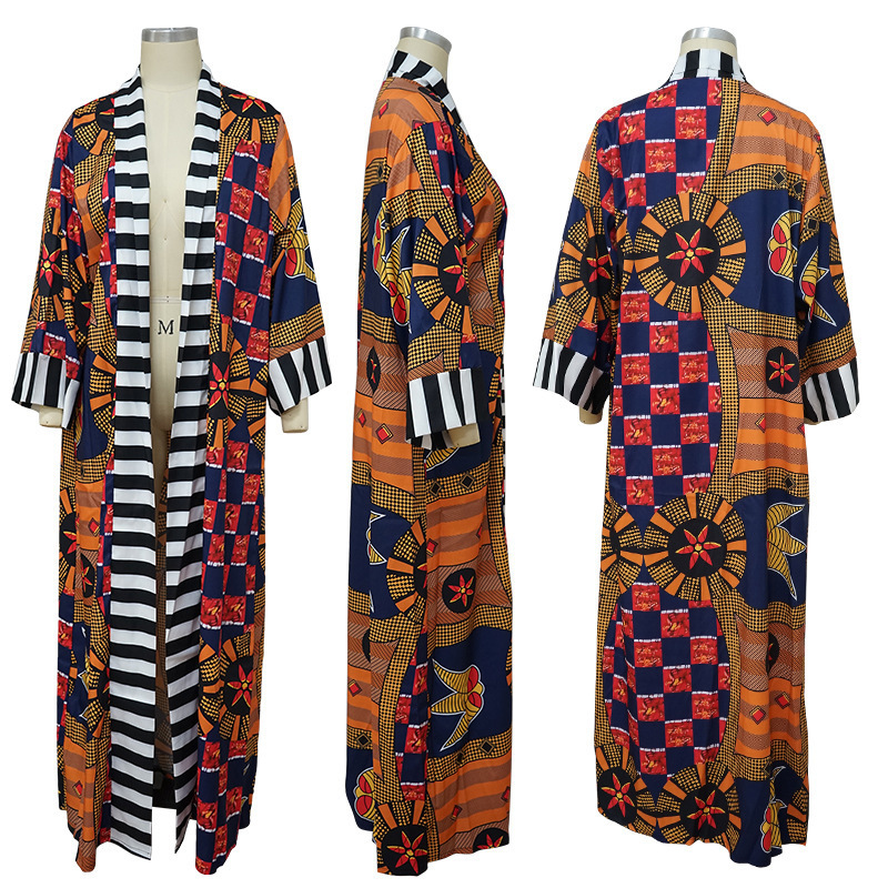 Women Long Trench Coat Fashion African Style Streetwear Oversized Cardigan Spring Fall Clothing Vintage Floral Print Outwear 201030