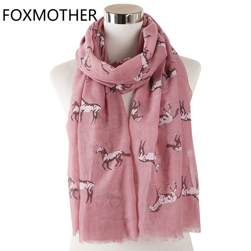 FOXMOTHER New Fashion Lightweight Pink Grey Color Running Horse Scarf Animal Print Scarves Women Ladies Foulard Femme Y201007