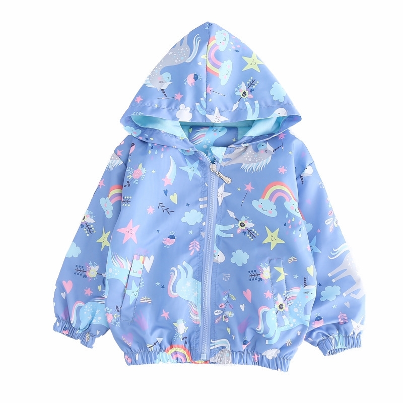 Kids Girls Long Sleeve Windbreaker Unicorn Jacket Cartoon Hooded Blue Color Jackets Fahion Outerwear for 2-7years Old LJ200828