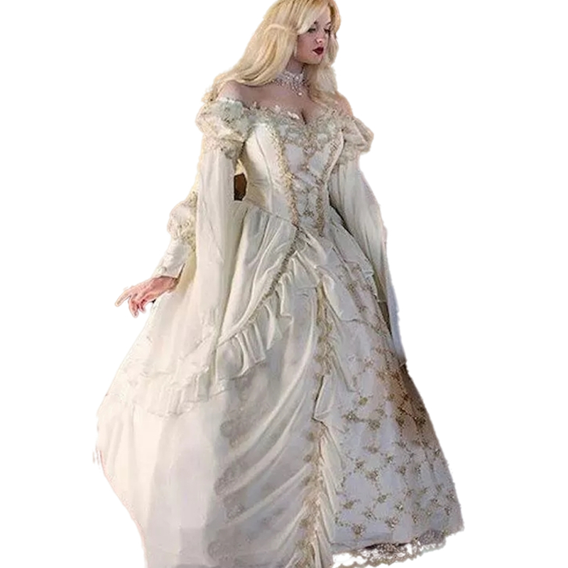 Vintage Medieval Victorian Wedding Dresses Gothic Ball Gown 2022 Ivory And Gold Lace Long Sleeve Lace-up Corset Masquerade Dress Plus Size Bride Caste