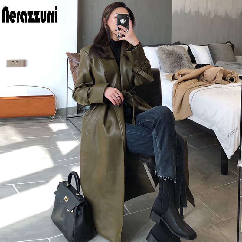 Nerazzurri Autumn long oversized leather trench coat for women long sleeve sashes Loose faux leather coats women fashion 201226