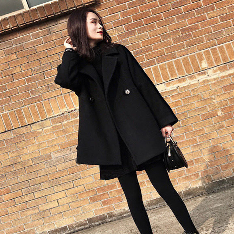 New Autumn Winter Women Coat Plus Size Fashion Turn-Down Collar Solid Loose Woolen Blends Coat For Women Larger BLACK Outerwear 201103