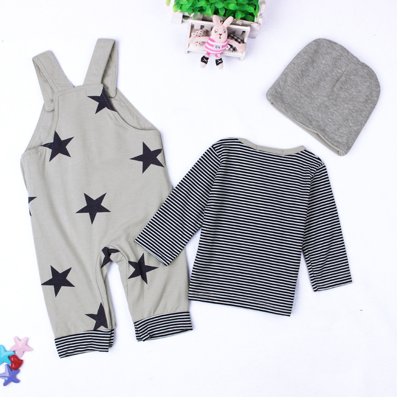 Baby Boys Baby Girls clothing set Newborn baby black grey striated T-shirt+ bib pants + hat stars pattern costumes suits Y1105