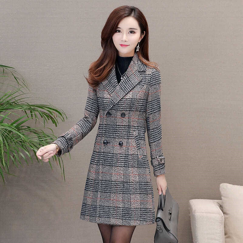 Winter Women Wool Blends Casual Jacket Plaid Trench Coat Elegant Slim Thick Outerwear Cardigan Female Cashmere Overcoat New 200923wtt