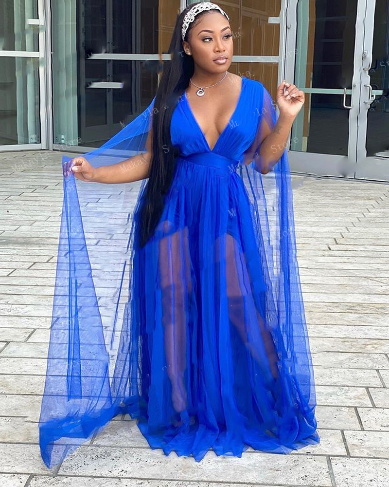 Blue Simple Elegant Prom Dresses V Neck Tulle Cape Long A-Line Women Formal Party Evening Gowns Custom Made Plus Size