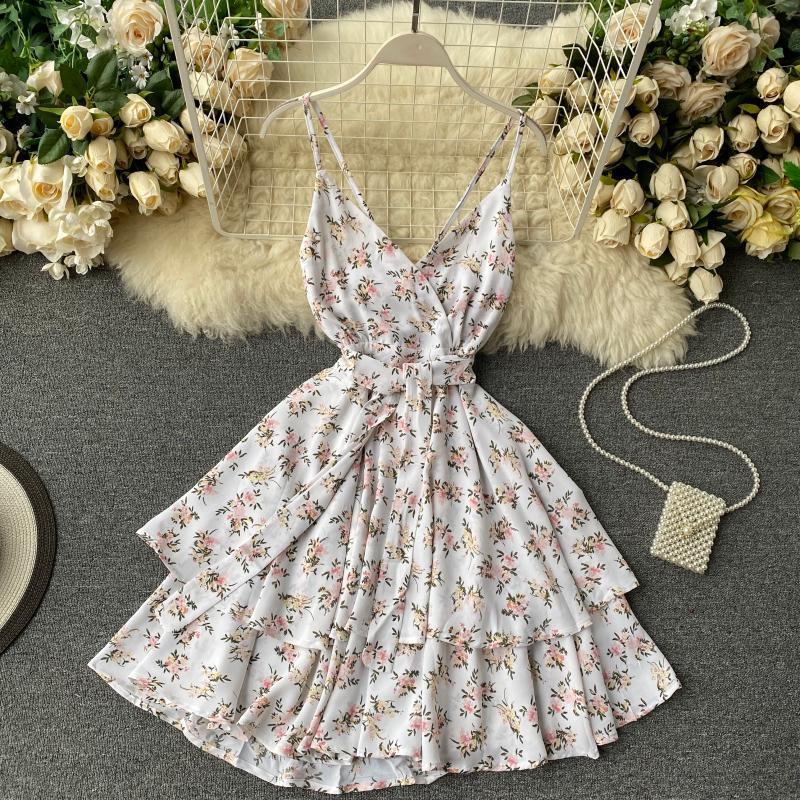 New Summer Flower Print Spaghetti Strap Dress Female V Neck High Waist Sexy Dress Ladys Red Mini Dress T200603