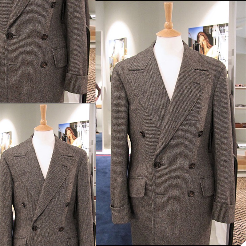 Brown Thick Men Tweed Suit Pinstripe Herringbone Man Coat Retro Peak Lapel Double Breasted Tailored Suit Man Outwwear