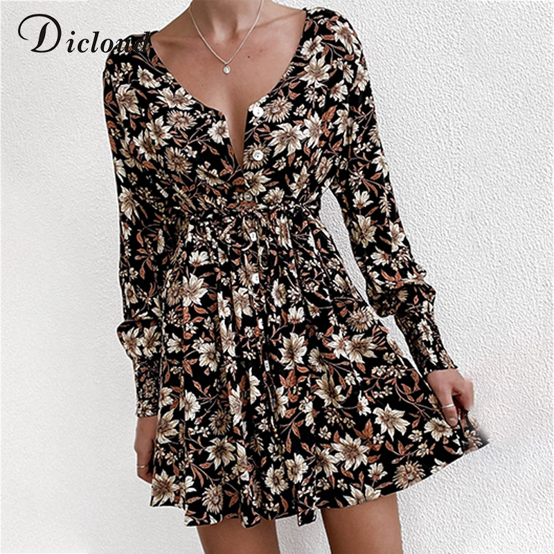 DICLOUD Women Floral Print Boho Party Dress Sexy V Neck Long Sleeve Autumn Winter Clothes With Waist Tie Elegant Day Dress 201030