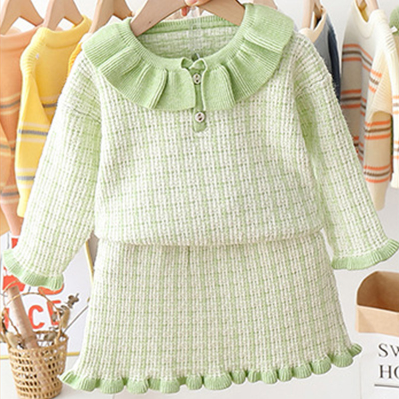Humor Bear Girls Clothes Suit Autumn Winter New Plaid Doll Collar Girls Sweater+Skirt Sets Baby Kids Children Girls Clothing Y1107